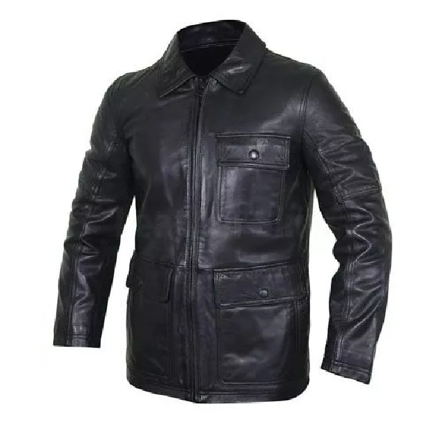 Giacca in pelle con tasche a patta in stile motociclista