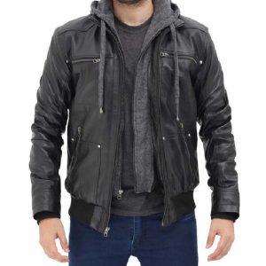 Giacca in pelle nera da motociclista da uomo con cappuccio