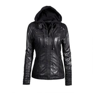 Giacca da motociclista in pelle nera con cappuccio firmata