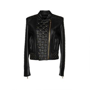 Giacca da motociclista in pelle trapuntata nera ed elegante