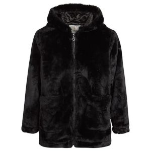 Cappotto in pelliccia sintetica nera con cappuccio