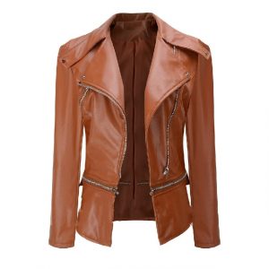 Giacca da donna in pelle marrone con risvolto e cerniera