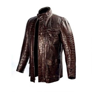 Giacca in similpelle marrone con stampa coccodrillo
