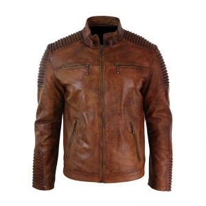 Giacca da motociclista in pelle con cintura al collo da uomo di design