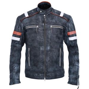 Giacca in pelle di pecora grigia da motociclista vintage per uomo