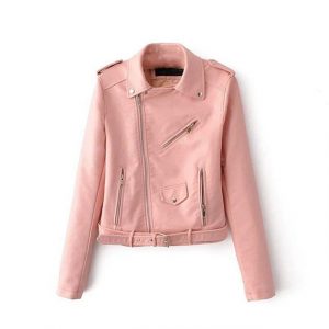 Giacca da motociclista classica in pelle rosa baby da donna