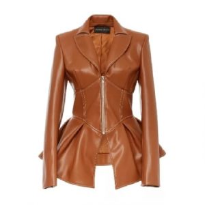Giacca corsetto svasata in pelle con peplo alla moda femminile
