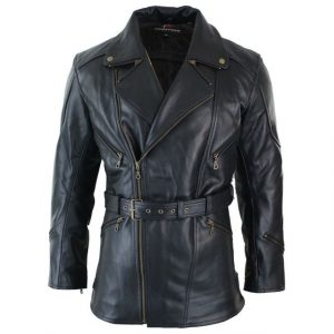 Cappotto in pelle nera classico tedesco da ufficiale