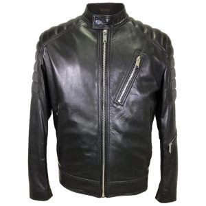 Giacca da motociclista in pelle di pecora con colletto a fascia da uomo, nera