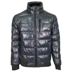 Giacca bomber in pelle di pecora imbottita da uomo, blu navy