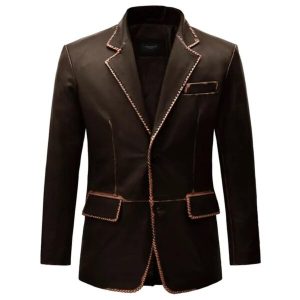Blazer in pelle marrone scuro da uomo