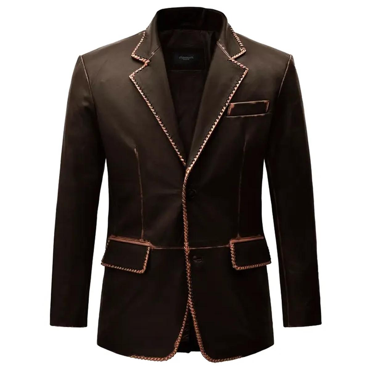 Blazer in pelle marrone scuro da uomo