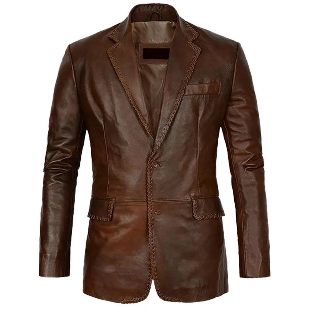Blazer in pelle marrone scuro elegante da uomo