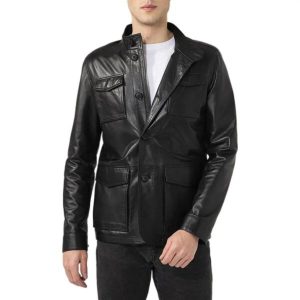 Giacca in pelle nera con tasche a patta da uomo