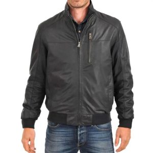 Giubbotto bomber in pelle con colletto rialzato da uomo