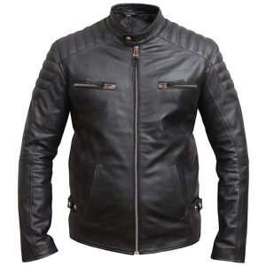 Giacca da motociclista in pelle nera anticata da uomo