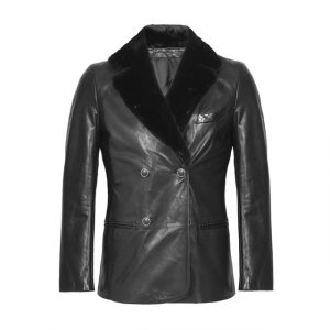 Cappotto doppiopetto in pelle con finiture in shearling nero