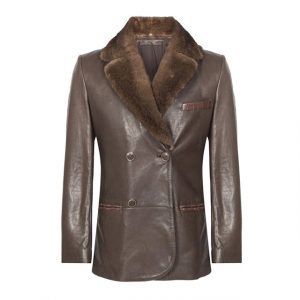 Cappotto doppiopetto in pelle con finiture in shearling marrone