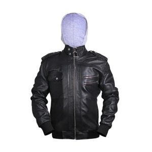 Giacca bomber in pelle invecchiata con cappuccio da uomo