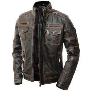 Giacca da motociclista in pelle marrone anticata da uomo, modello Café Racer