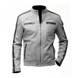 Giacca in pelle da motociclista a righe da uomo in stile Café Racer