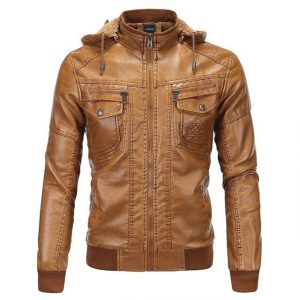 Giacca in pelle da motociclista vintage con cappuccio da uomo