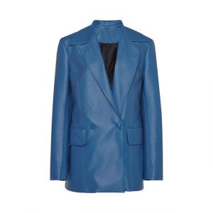 Blazer doppiopetto in pelle con bottoni blu intenso
