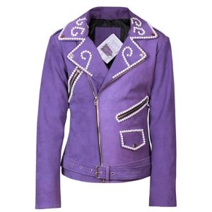 Giacca da motociclista in pelle di pecora viola da donna con dettagli in borchie metalliche