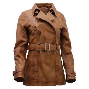 Elegante soprabito in pelle marrone chiaro