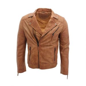 Giacca da motociclista in pelle di pecora marrone da uomo in stile Racer
