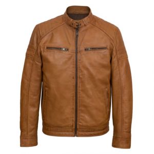 Giacca da camionista in pelle di pecora color cuoio da uomo
