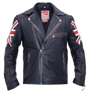 Giacca da motociclista in pelle nera vintage da uomo con bandiera del Regno Unito