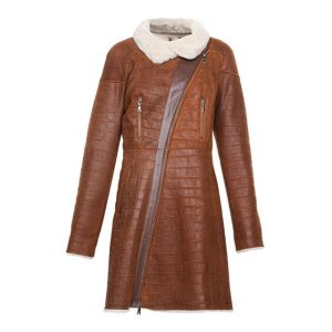Cappotto lungo in similpelle con finiture in shearling marrone
