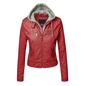 Giacca in pelle con cappuccio slim fit da donna