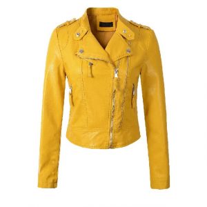Giacca da donna in pelle gialla sottile con cerniera laterale semplice