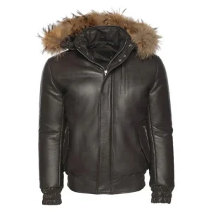 Giubbotto bomber in pelle marrone da uomo con cappuccio
