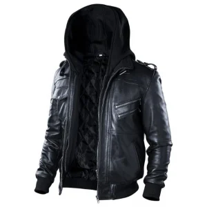 Giubbotto bomber in vera pelle nera con cappuccio