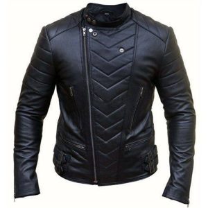 Giacca da motociclista in pelle di pecora con cerniera incrociata nera da uomo