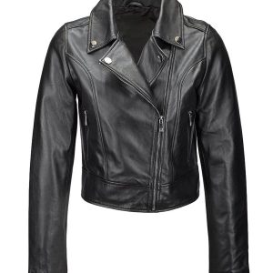 Giacca da motociclista slim fit in pelle di pecora nera da donna