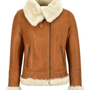 Giacca da aviatore in pelle di pecora da donna, color caramello