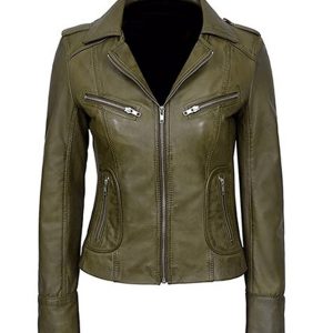 Giacca da motociclista classica da donna in vera pelle color verde oliva
