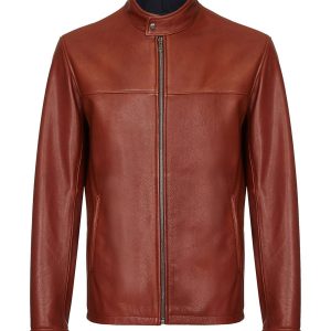 Giacca in pelle di pecora marrone da uomo, modello Cafe Racer