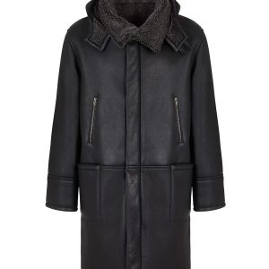 Cappotto in pelle di pecora con cappuccio da uomo, nero