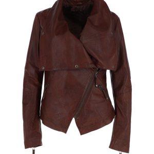 Giacca da motociclista classica in pelle di pecora da donna color cognac