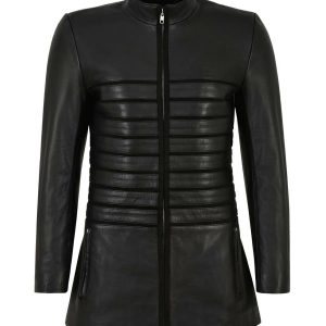 Giacca lunga da motociclista in pelle di pecora da donna, nera