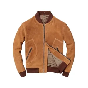 Giubbotto bomber in pelle scamosciata color cuoio da uomo