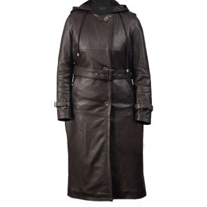 Trench lungo in pelle naturale da donna, nero