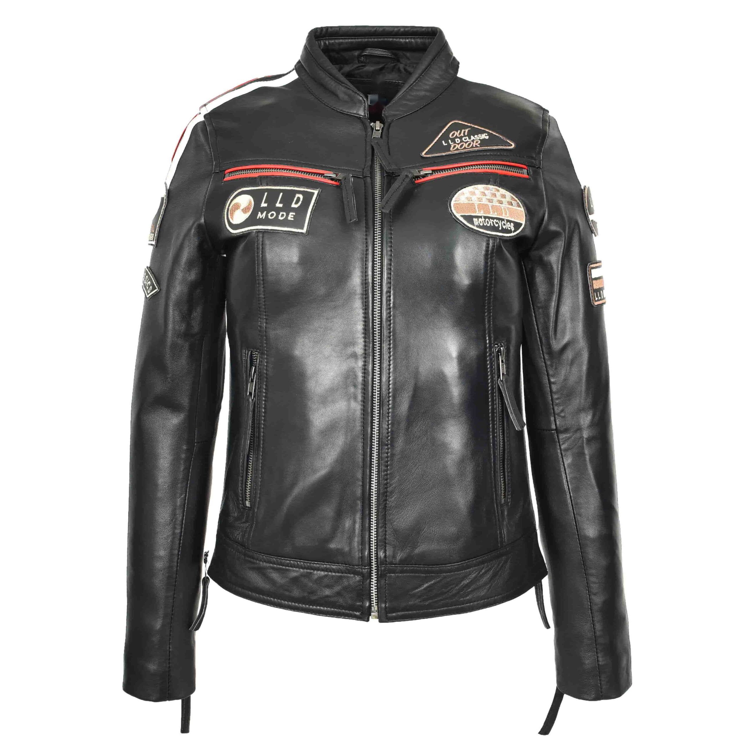 BUNERI Veste Biker Café Racer en Cuir pour Femme Badges Moto Noire