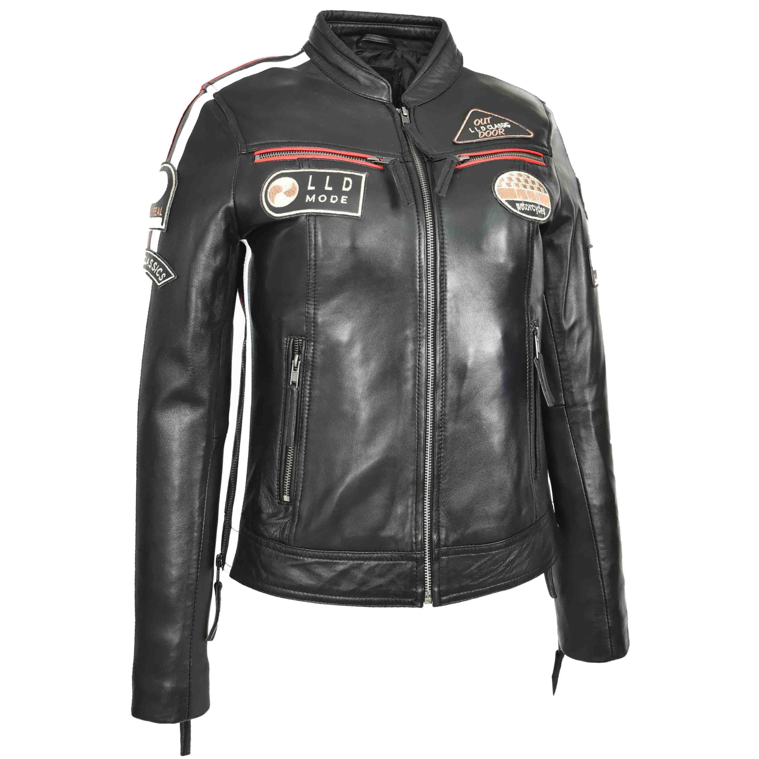 BUNERI Veste Biker Café Racer en Cuir pour Femme Badges Moto Noire – Image 3