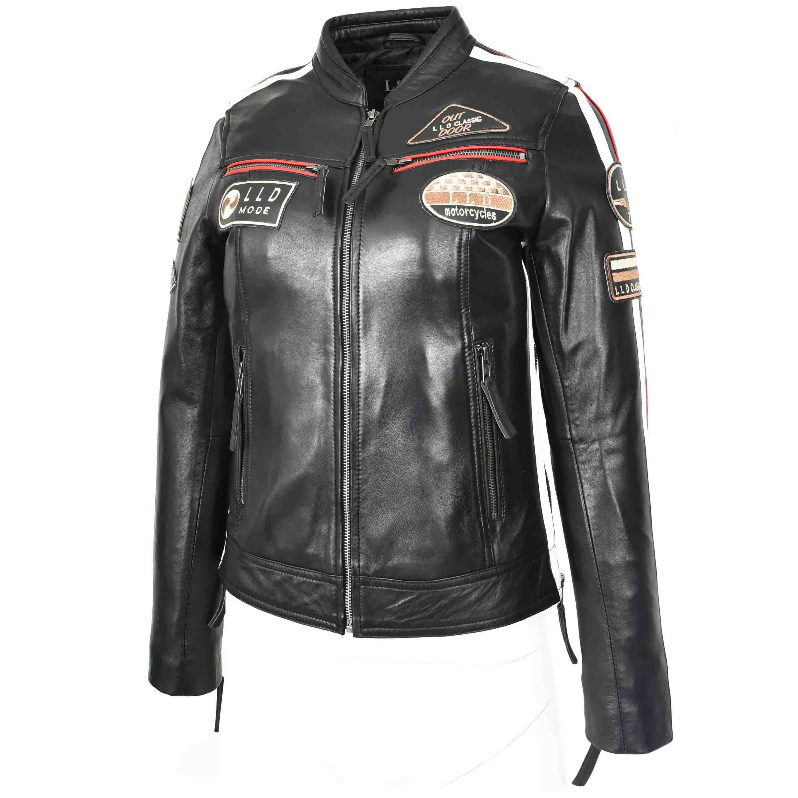 BUNERI Veste Biker Café Racer en Cuir pour Femme Badges Moto Noire – Image 4